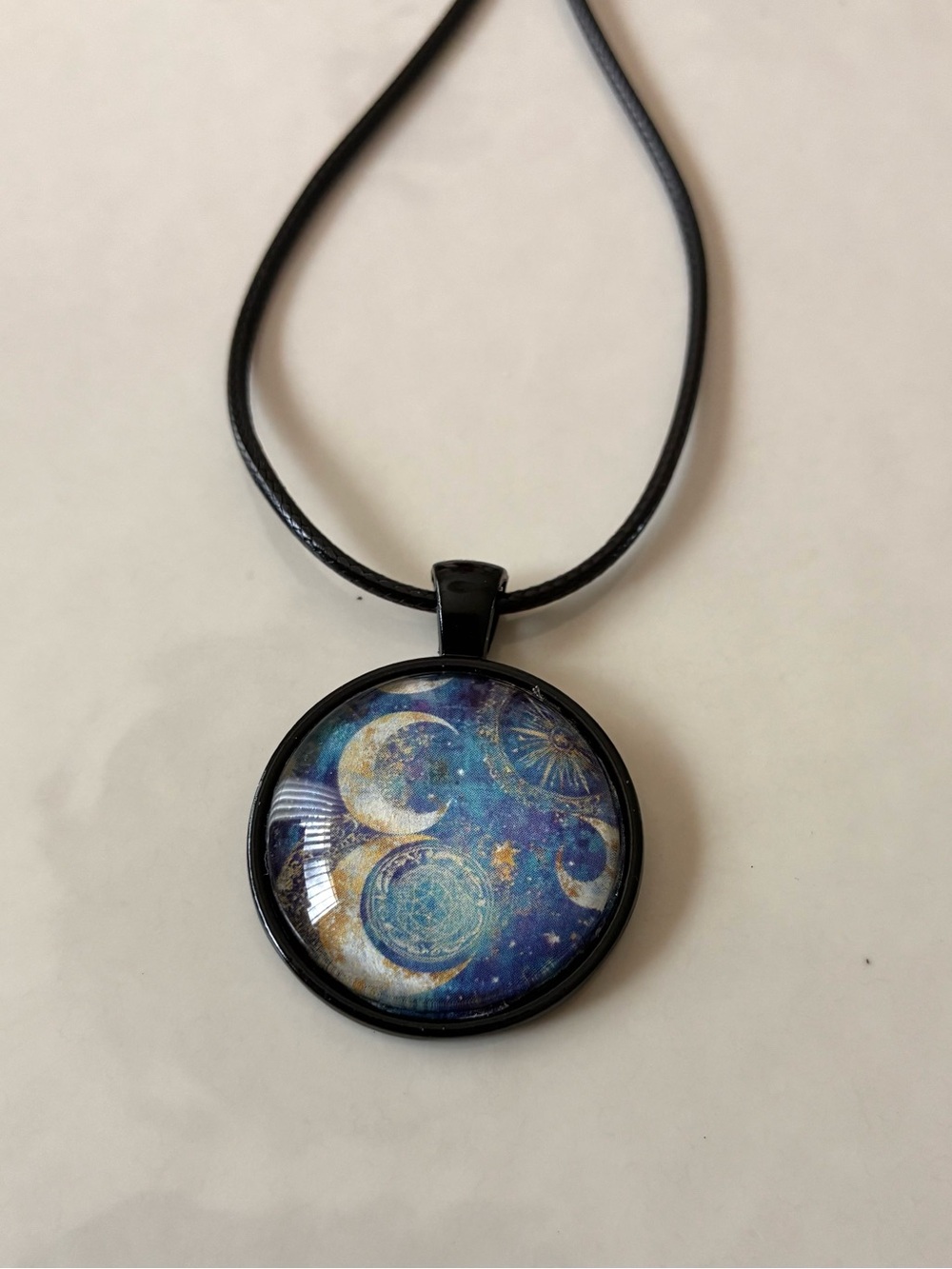 Hand Crafted Celestial Moon & Stars Pendant Necklace in Blue and Gold